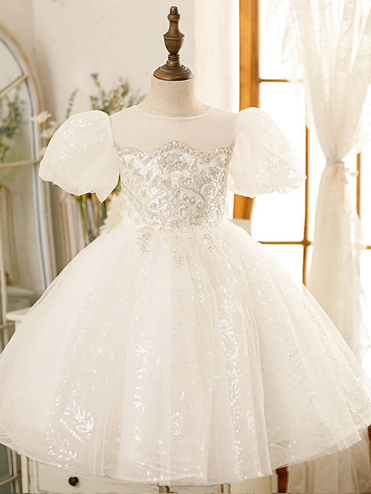 Princess White Tulle Back Zip Baptism Flower(s) Tea Length Short Sleeve Puff Sleeve Round Flower Girl Dress