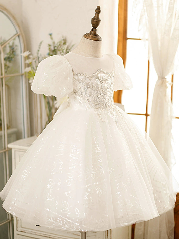 Princess White Tulle Back Zip Baptism Flower(s) Tea Length Short Sleeve Puff Sleeve Round Flower Girl Dress