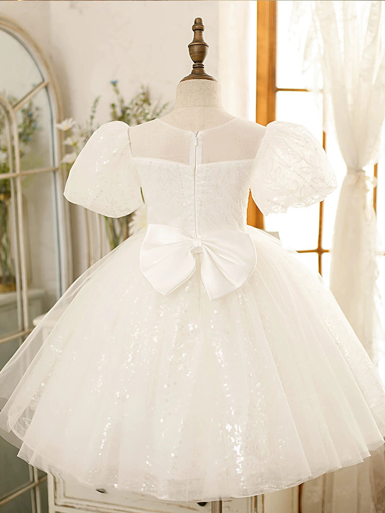 Princess White Tulle Back Zip Baptism Flower(s) Tea Length Short Sleeve Puff Sleeve Round Flower Girl Dress