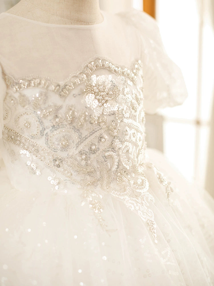 Princess White Tulle Back Zip Baptism Flower(s) Tea Length Short Sleeve Puff Sleeve Round Flower Girl Dress