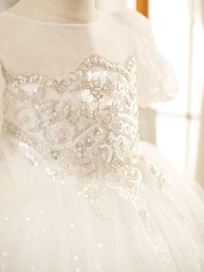 Princess White Tulle Back Zip Baptism Flower(s) Tea Length Short Sleeve Puff Sleeve Round Flower Girl Dress