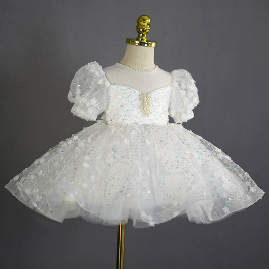 Princess White Tulle Back Zip Baptism Flower(s) Tea Length Short Sleeve Puff Sleeve Sweetheart Flower Girl Dress
