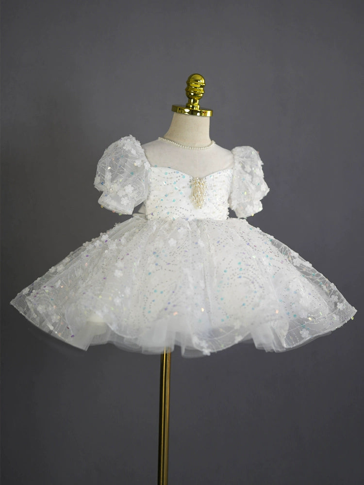 Princess White Tulle Back Zip Baptism Flower(s) Tea Length Short Sleeve Puff Sleeve Sweetheart Flower Girl Dress