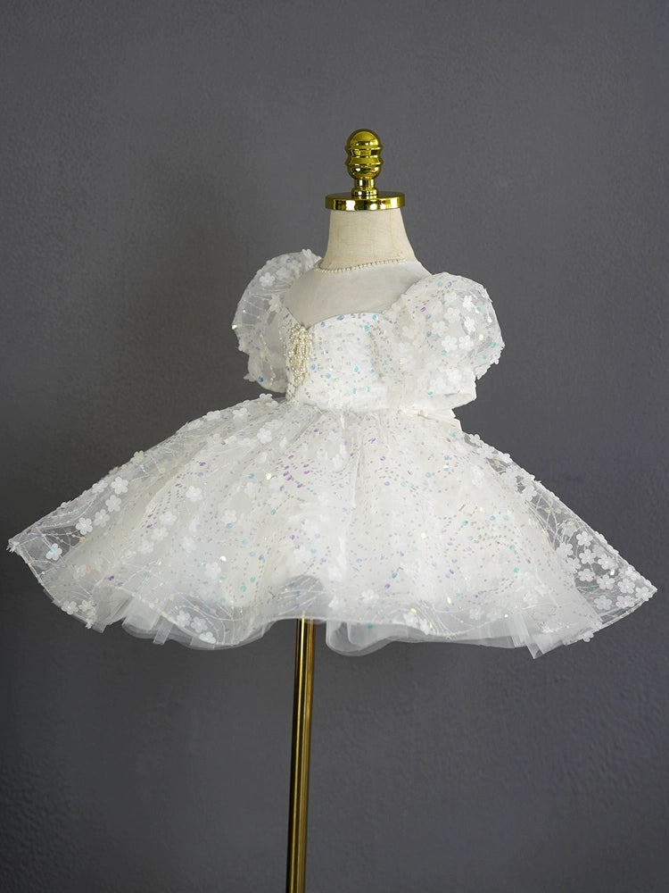 Princess White Tulle Back Zip Baptism Flower(s) Tea Length Short Sleeve Puff Sleeve Sweetheart Flower Girl Dress