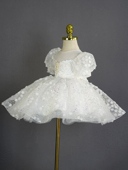 Princess White Tulle Back Zip Baptism Flower(s) Tea Length Short Sleeve Puff Sleeve Sweetheart Flower Girl Dress