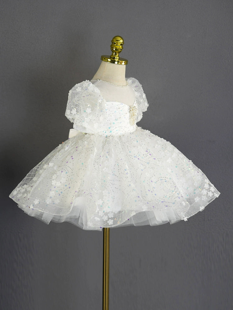 Princess White Tulle Back Zip Baptism Flower(s) Tea Length Short Sleeve Puff Sleeve Sweetheart Flower Girl Dress