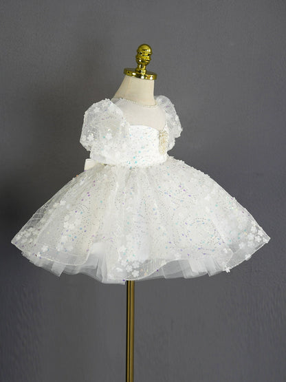 Princess White Tulle Back Zip Baptism Flower(s) Tea Length Short Sleeve Puff Sleeve Sweetheart Flower Girl Dress