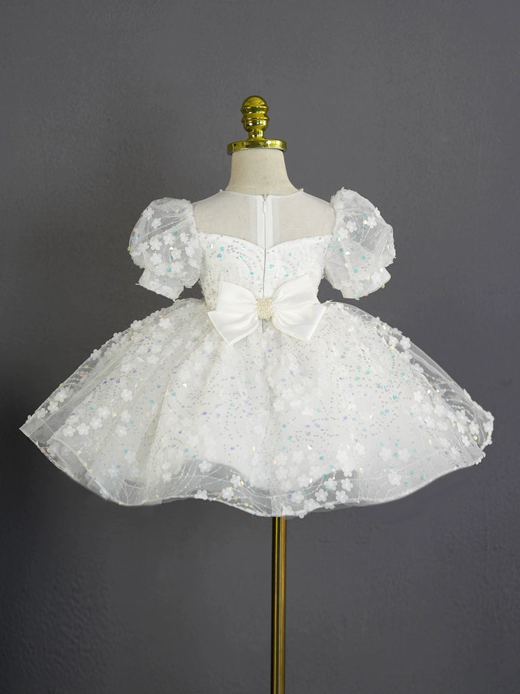 Princess White Tulle Back Zip Baptism Flower(s) Tea Length Short Sleeve Puff Sleeve Sweetheart Flower Girl Dress