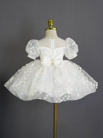 Princess White Tulle Back Zip Baptism Flower(s) Tea Length Short Sleeve Puff Sleeve Sweetheart Flower Girl Dress