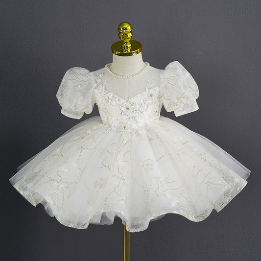 Princess White Tulle Back Zip Baptism Lace Tea Length Short Sleeve Puff Sleeve Sweetheart Flower Girl Dress