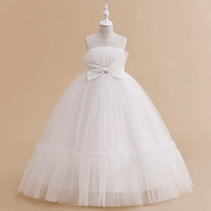 Princess White Tulle Back Zip Baptism Pleated Floor Length Sleeveless Round Flower Girl Dress
