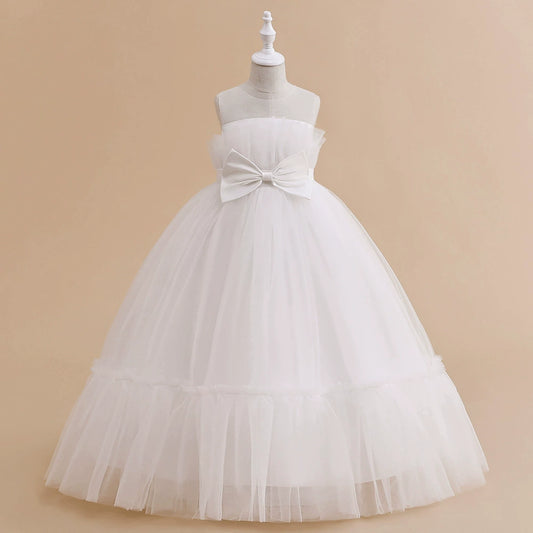 Princess White Tulle Back Zip Baptism Pleated Floor Length Sleeveless Round Flower Girl Dress