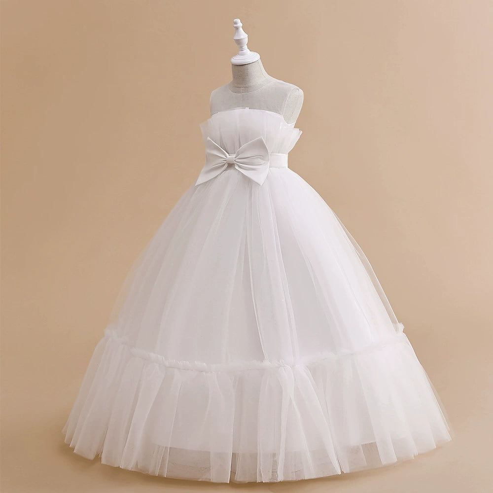 Princess White Tulle Back Zip Baptism Pleated Floor Length Sleeveless Round Flower Girl Dress