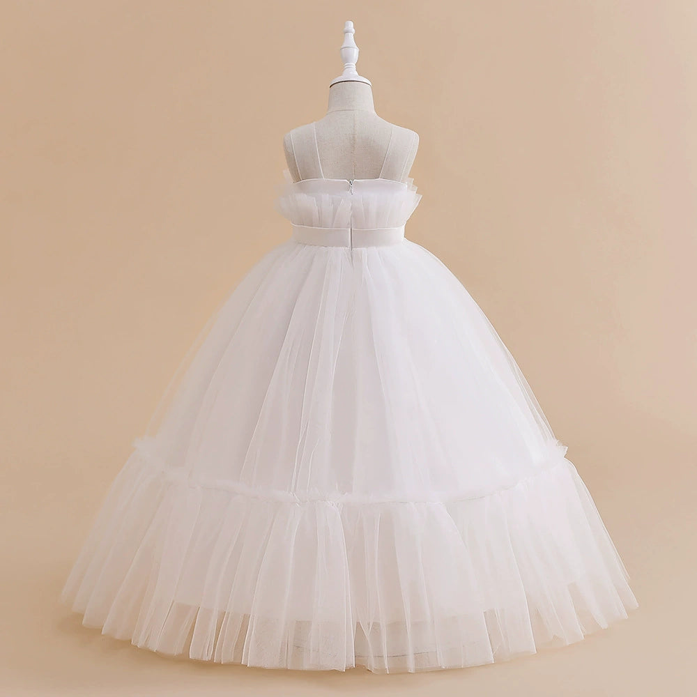 Princess White Tulle Back Zip Baptism Pleated Floor Length Sleeveless Round Flower Girl Dress