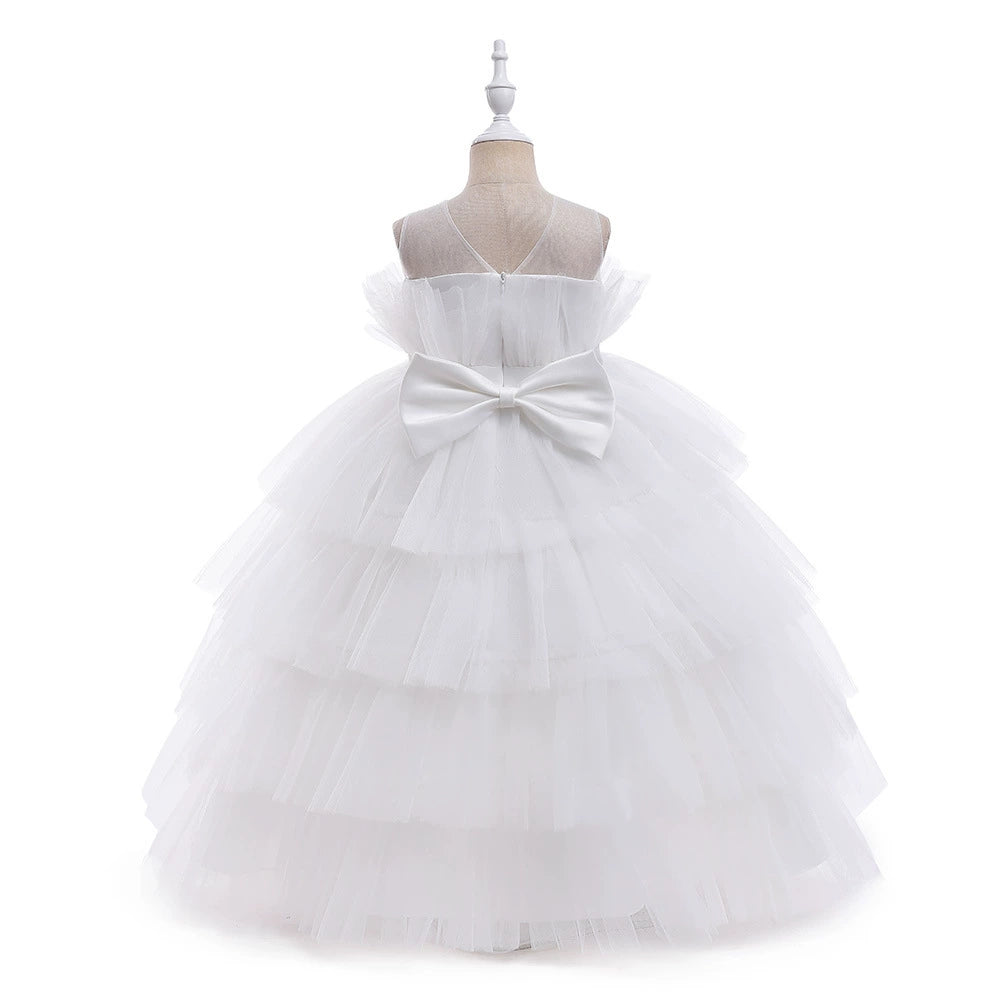Princess White Tulle Back Zip Baptism Pleated Floor Length Sleeveless Round Flower Girl Dress