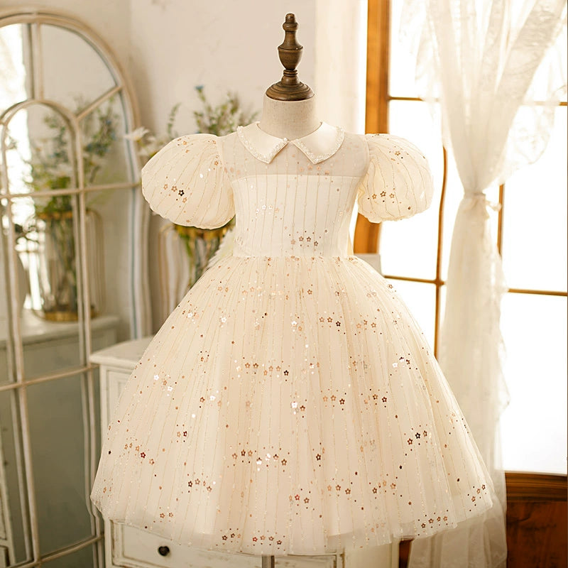Princess White Tulle Back Zip Baptism Sequins Tea Length Short Sleeve Puff Sleeve Collared Neck Flower Girl Dress