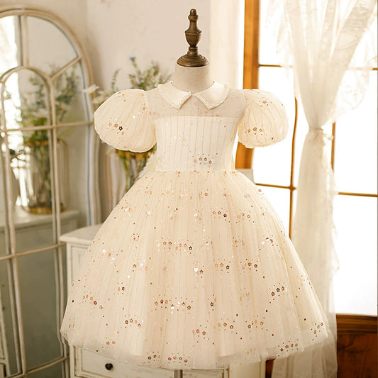 Princess White Tulle Back Zip Baptism Sequins Tea Length Short Sleeve Puff Sleeve Collared Neck Flower Girl Dress