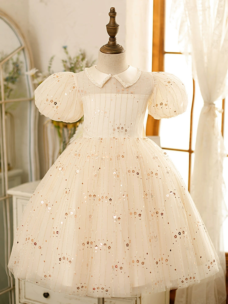 Princess White Tulle Back Zip Baptism Sequins Tea Length Short Sleeve Puff Sleeve Collared Neck Flower Girl Dress
