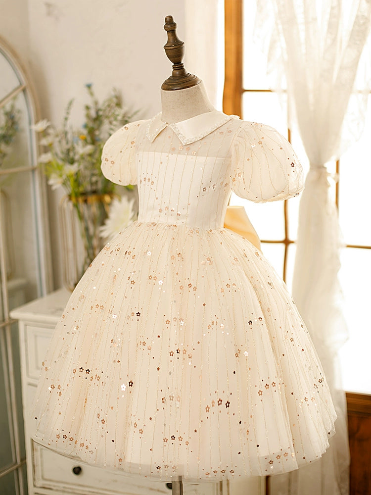Princess White Tulle Back Zip Baptism Sequins Tea Length Short Sleeve Puff Sleeve Collared Neck Flower Girl Dress