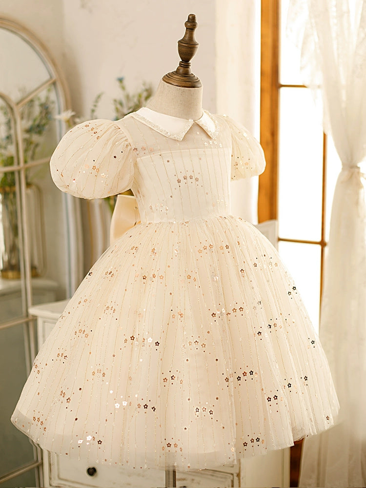 Princess White Tulle Back Zip Baptism Sequins Tea Length Short Sleeve Puff Sleeve Collared Neck Flower Girl Dress