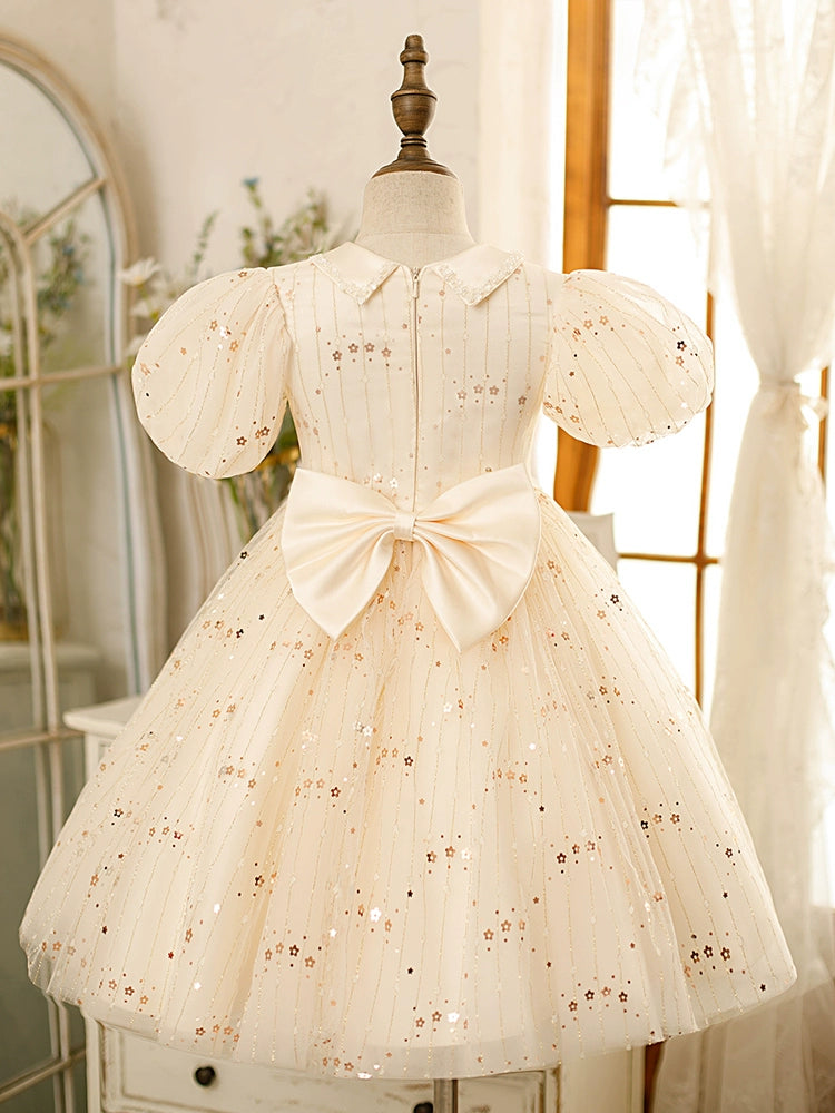 Princess White Tulle Back Zip Baptism Sequins Tea Length Short Sleeve Puff Sleeve Collared Neck Flower Girl Dress