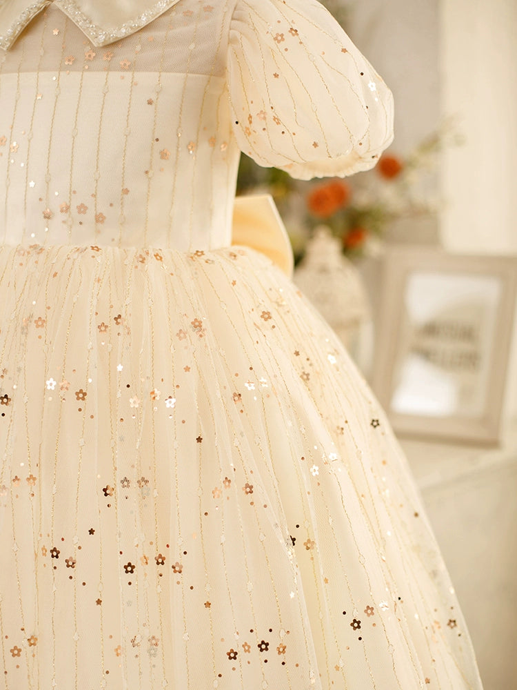 Princess White Tulle Back Zip Baptism Sequins Tea Length Short Sleeve Puff Sleeve Collared Neck Flower Girl Dress