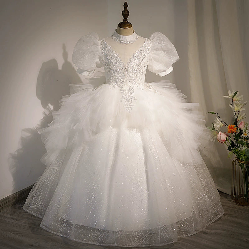 Princess White Tulle Crossed Straps Baptism Lace Floor Length Short Sleeve Puff Sleeve Mock Neck Flower Girl Dress