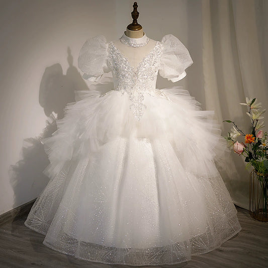 Princess White Tulle Crossed Straps Baptism Lace Floor Length Short Sleeve Puff Sleeve Mock Neck Flower Girl Dress