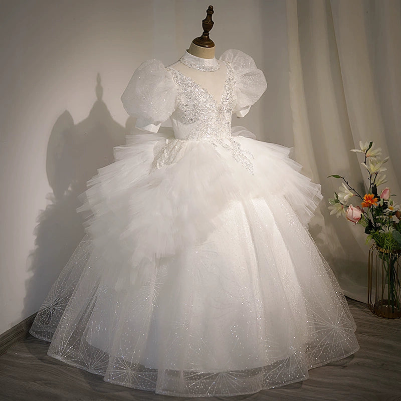 Princess White Tulle Crossed Straps Baptism Lace Floor Length Short Sleeve Puff Sleeve Mock Neck Flower Girl Dress
