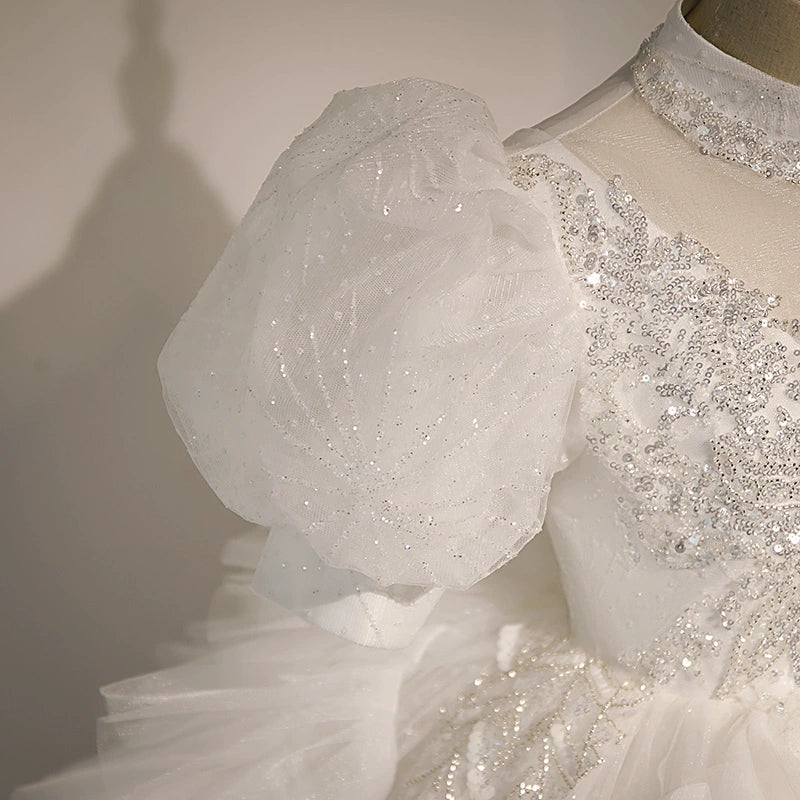 Princess White Tulle Crossed Straps Baptism Lace Floor Length Short Sleeve Puff Sleeve Mock Neck Flower Girl Dress