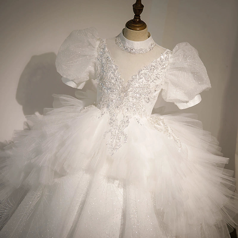 Princess White Tulle Crossed Straps Baptism Lace Floor Length Short Sleeve Puff Sleeve Mock Neck Flower Girl Dress
