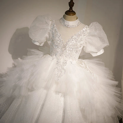 Princess White Tulle Crossed Straps Baptism Lace Floor Length Short Sleeve Puff Sleeve Mock Neck Flower Girl Dress