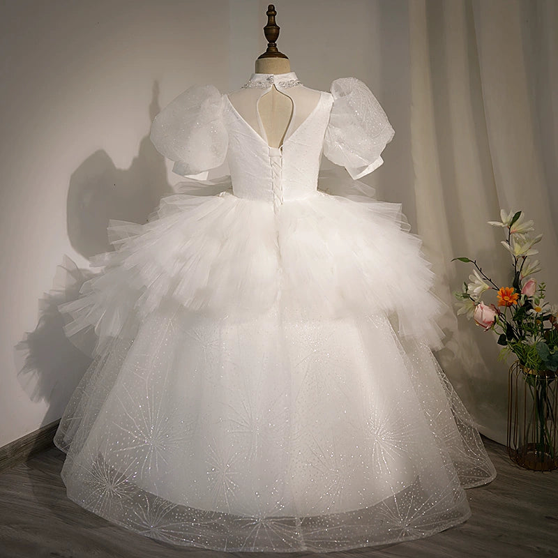 Princess White Tulle Crossed Straps Baptism Lace Floor Length Short Sleeve Puff Sleeve Mock Neck Flower Girl Dress