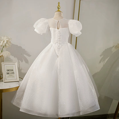 Princess White Tulle Crossed Straps Baptism Lace Floor Length Short Sleeve Puff Sleeve Round Flower Girl Dress