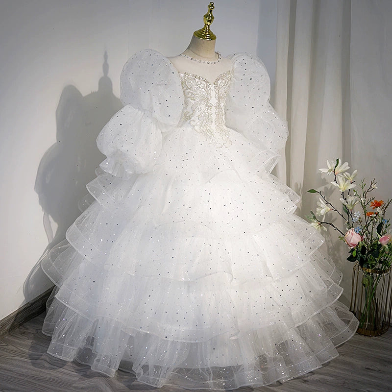 Princess White Tulle Crossed Straps Baptism Lace Floor Length Short Sleeve Puff Sleeve Round Flower Girl Dress