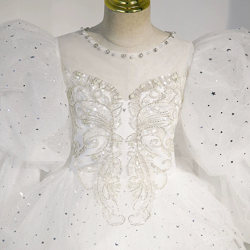 Princess White Tulle Crossed Straps Baptism Lace Floor Length Short Sleeve Puff Sleeve Round Flower Girl Dress