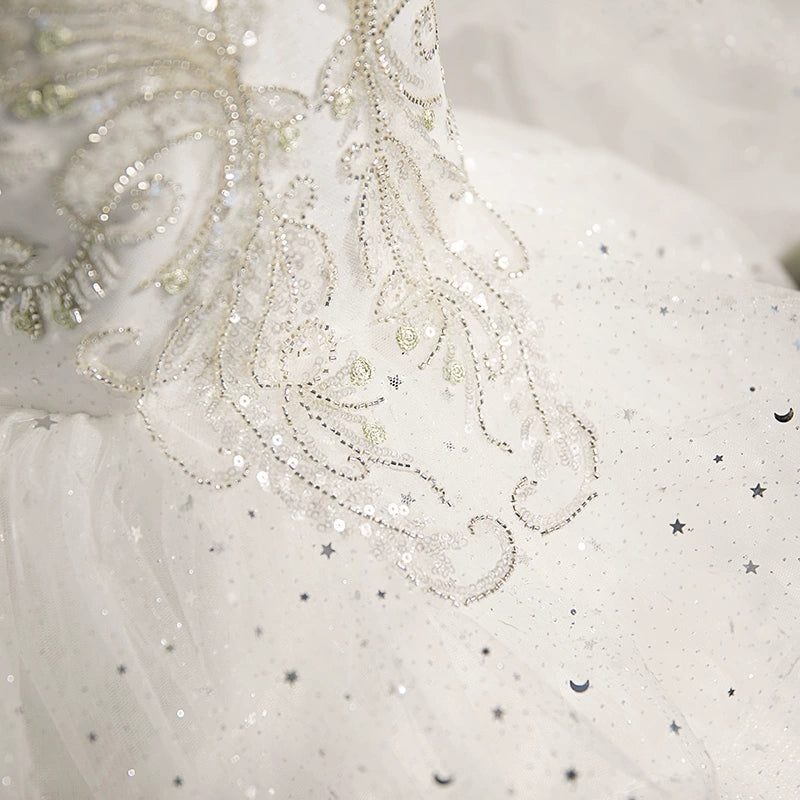 Princess White Tulle Crossed Straps Baptism Lace Floor Length Short Sleeve Puff Sleeve Round Flower Girl Dress