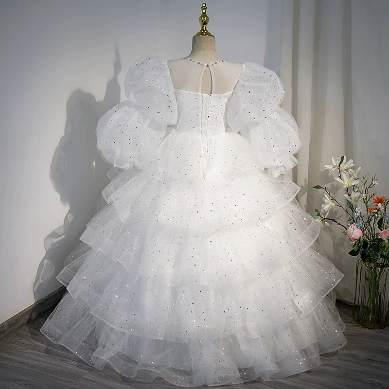 Princess White Tulle Crossed Straps Baptism Lace Floor Length Short Sleeve Puff Sleeve Round Flower Girl Dress