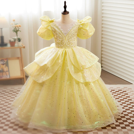 Princess Yellow Organza Crossed Straps Baptism Lace Floor Length Short Sleeve Puff Sleeve Round Flower Girl Dress