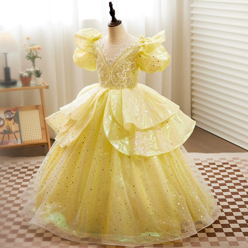 Princess Yellow Organza Crossed Straps Baptism Lace Floor Length Short Sleeve Puff Sleeve Round Flower Girl Dress