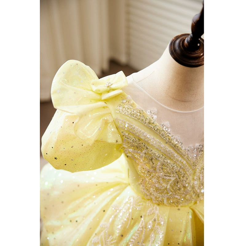 Princess Yellow Organza Crossed Straps Baptism Lace Floor Length Short Sleeve Puff Sleeve Round Flower Girl Dress