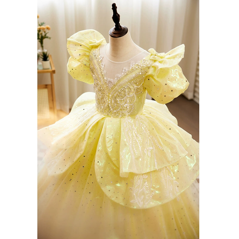 Princess Yellow Organza Crossed Straps Baptism Lace Floor Length Short Sleeve Puff Sleeve Round Flower Girl Dress