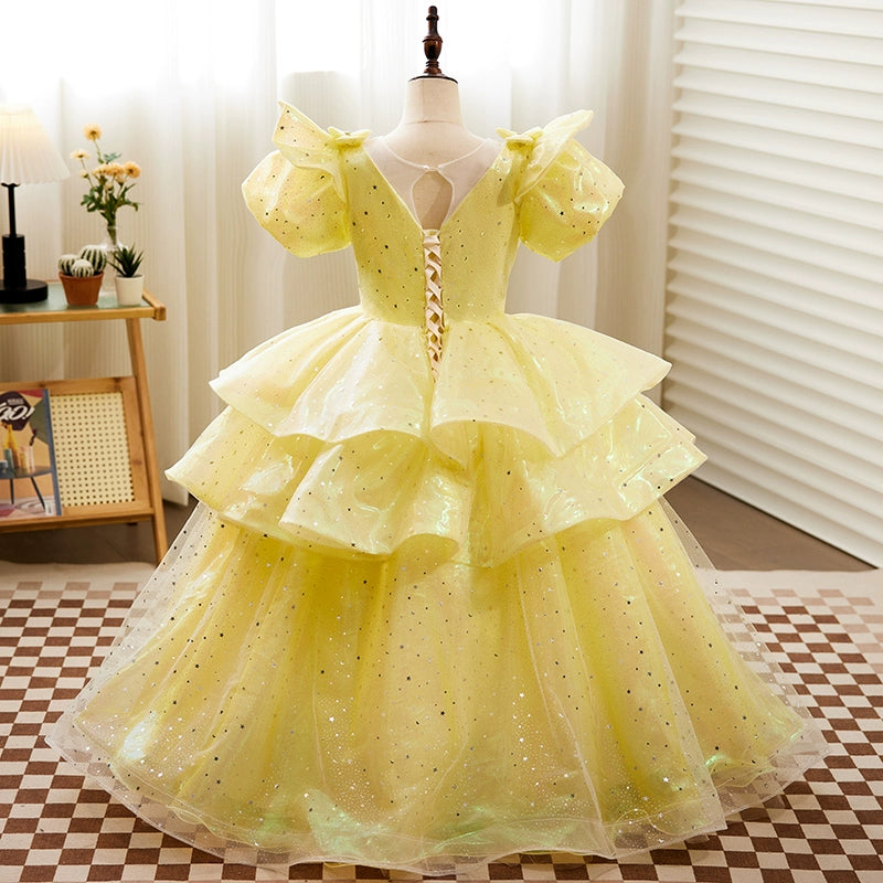 Princess Yellow Organza Crossed Straps Baptism Lace Floor Length Short Sleeve Puff Sleeve Round Flower Girl Dress