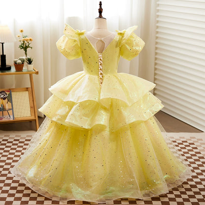 Princess Yellow Organza Crossed Straps Baptism Lace Floor Length Short Sleeve Puff Sleeve Round Flower Girl Dress