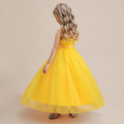 Princess Yellow Tulle Back Zip Baptism Pleated Floor Length Sleeveless Round Flower Girl Dress