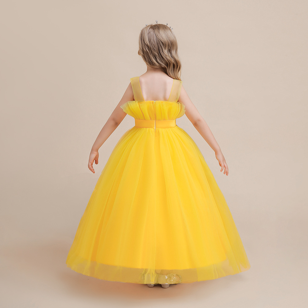 Princess Yellow Tulle Back Zip Baptism Pleated Floor Length Sleeveless Round Flower Girl Dress