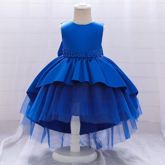 Princess Blue Satin Bow / Tie Back Baptism Beaded Tea Length Sleeveless Round Flower Girl Dress