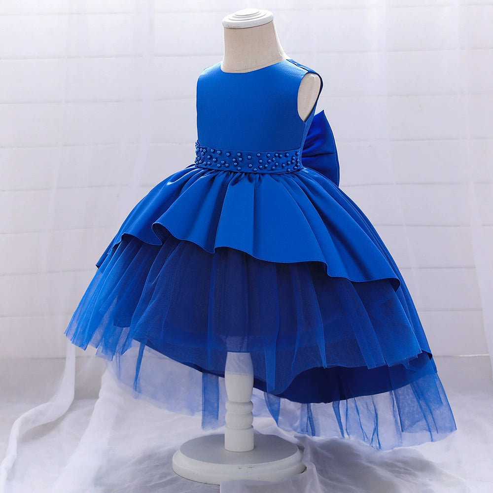 Princess Blue Satin Bow / Tie Back Baptism Beaded Tea Length Sleeveless Round Flower Girl Dress