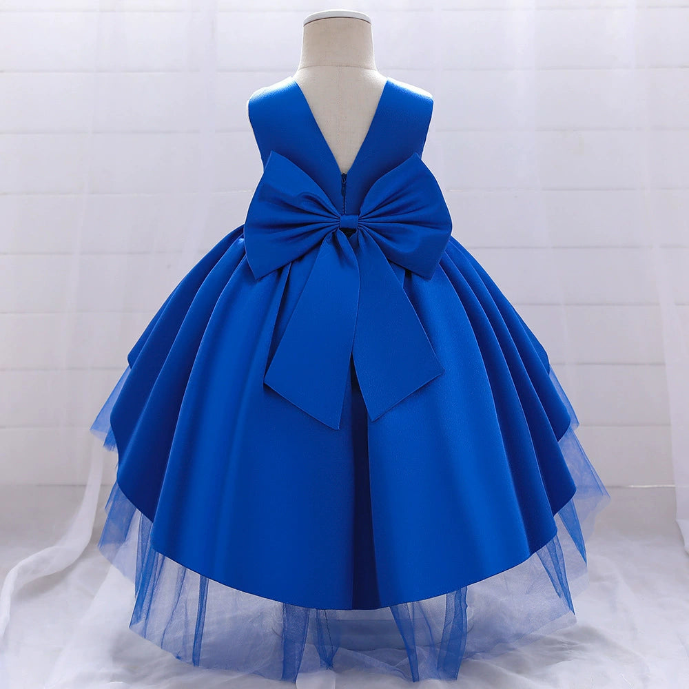 Princess Blue Satin Bow / Tie Back Baptism Beaded Tea Length Sleeveless Round Flower Girl Dress
