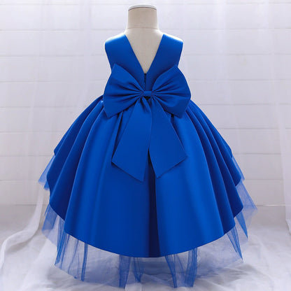 Princess Blue Satin Bow / Tie Back Baptism Beaded Tea Length Sleeveless Round Flower Girl Dress